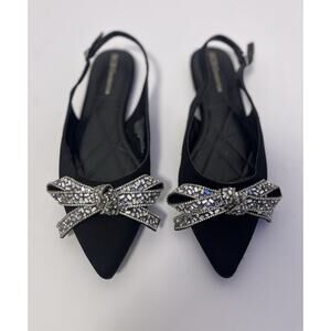BCBGeneration Katly Black Rhinestone Bow Sling Flats Size 6.5 Bridal Party Bling